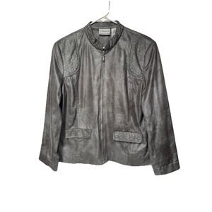 Alfred Dunner Soft Faux Suede Zip Jacket Pockets Silver Grey Womens Sz 16 Petite